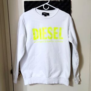 Diesel Spell Out Neon Logo Pull Over Crewneck Sweater White With Yellow Logo